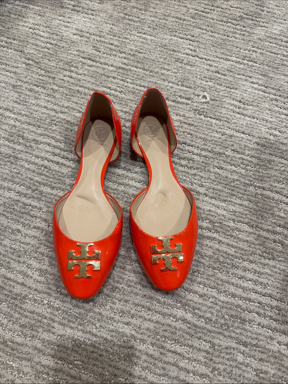 Tory Burch Orange Patent D’Orsay Flats Gold Double T Logo 9.5 New